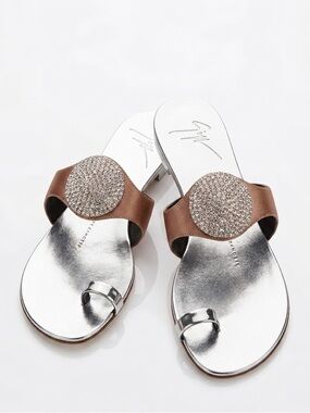 Giuseppe Zanotti Leather Metallic Crystal Slide Toe Strap Rose Gold/Silver Shoes